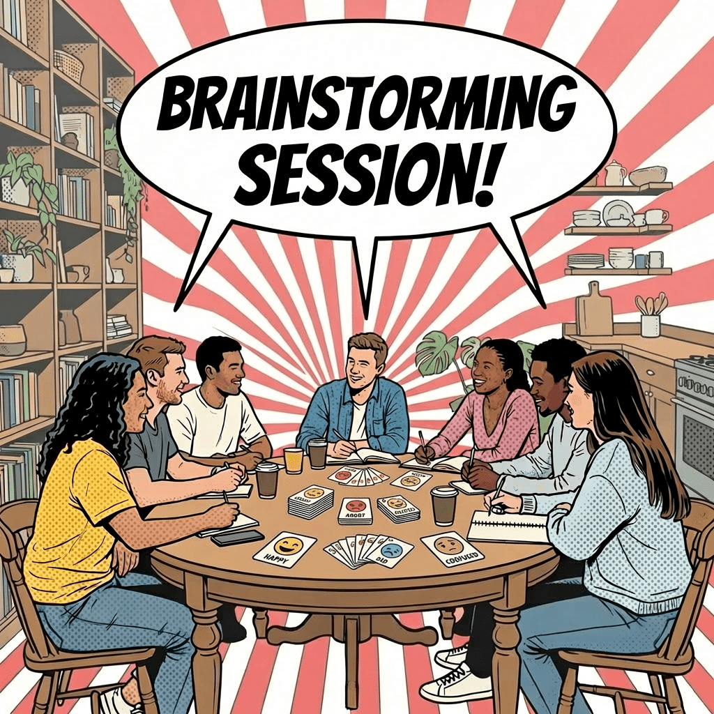 Diverse group of people sitting around a round table in a bright, plant-filled room.